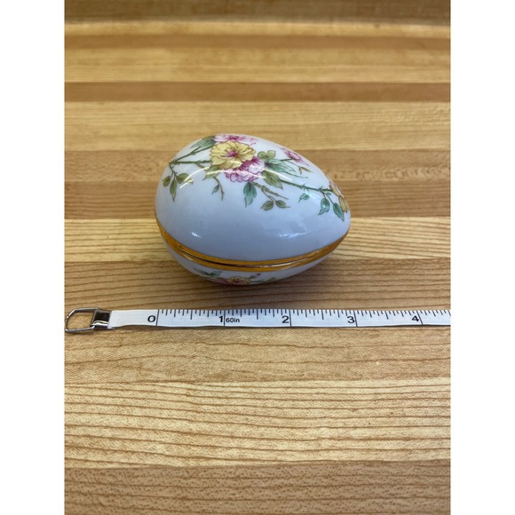 Vintage Porcelain Egg Shape Trinket Dish Pink Green Yellow Floral - Picture 5 of 5